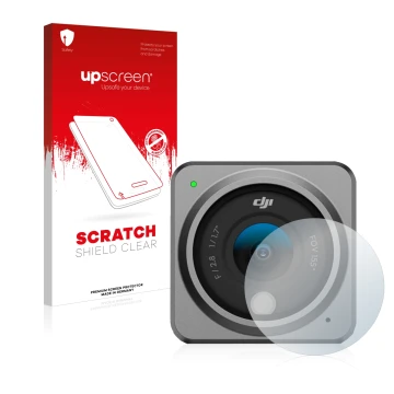 Vorderseite einer Produktverpackung mit dem Markenlogo upscreen. Daneben ist das Gerät DJI Action 2 Linse (Gehäuse) mit dem zu