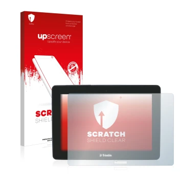 Vorderseite einer Produktverpackung mit dem Markenlogo upscreen. Daneben ist das Gerät Trimble GFX-750 mit dem zugehörigen Dis