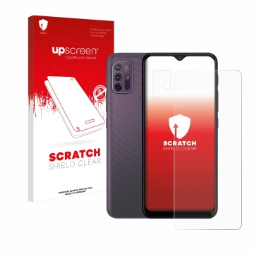 Vorderseite einer Produktverpackung mit dem Markenlogo upscreen. Daneben ist das Gerät Motorola Moto G10 (Display+Kamera) mit 