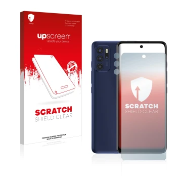 Vorderseite einer Produktverpackung mit dem Markenlogo upscreen. Daneben ist das Gerät Motorola Moto G60S (Display+Kamera) mit