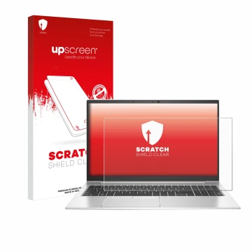 Vorderseite einer Produktverpackung mit dem Markenlogo upscreen. Daneben ist das Gerät HP EliteBook 850 G7 mit dem zugehörigen