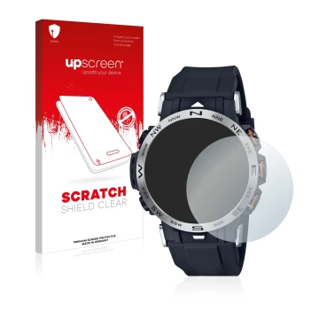 Vorderseite einer Produktverpackung mit dem Markenlogo upscreen. Daneben ist das Gerät Casio Pro Trek PRW-30-1AER mit dem zuge