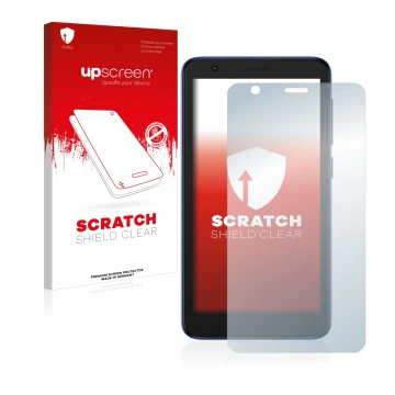 Vorderseite einer Produktverpackung mit dem Markenlogo upscreen. Daneben ist das Gerät ZTE Blade L9 mit dem zugehörigen Displa