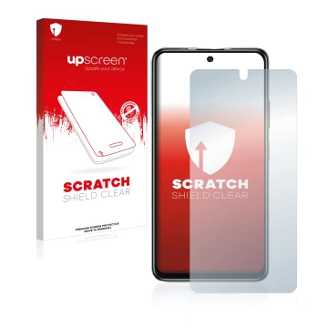 Vorderseite einer Produktverpackung mit dem Markenlogo upscreen. Daneben ist das Gerät Xiaomi Poco M4 Pro 5G mit dem zugehörig