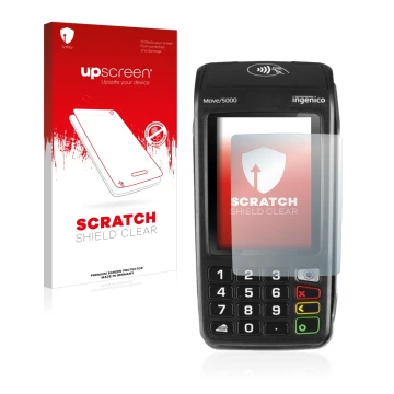 Vorderseite einer Produktverpackung mit dem Markenlogo upscreen. Daneben ist das Gerät ingenico Move 5000 mit dem zugehörigen 