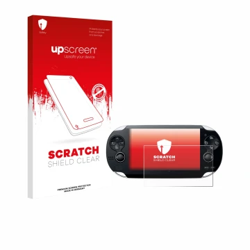 Vorderseite einer Produktverpackung mit dem Markenlogo upscreen. Daneben ist das Gerät Sony Playstation PS Vita mit dem zugehö