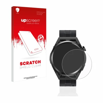 Vorderseite einer Produktverpackung mit dem Markenlogo upscreen. Daneben ist das Gerät Huawei Watch GT Runner mit dem zugehöri