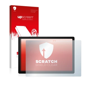 Vorderseite einer Produktverpackung mit dem Markenlogo upscreen. Daneben ist das Gerät Samsung Galaxy Tab A8 LTE mit dem zugeh