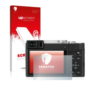 Vorderseite einer Produktverpackung mit dem Markenlogo upscreen. Daneben ist das Gerät Panasonic Lumix DC-TZ95 mit dem zugehör