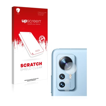 Vorderseite einer Produktverpackung mit dem Markenlogo upscreen. Daneben ist das Gerät Xiaomi 12 (NUR Kameraschutz) mit dem zu