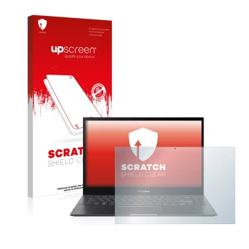 Vorderseite einer Produktverpackung mit dem Markenlogo upscreen. Daneben ist das Gerät ASUS VivoBook Flip 14 TP470 mit dem zug