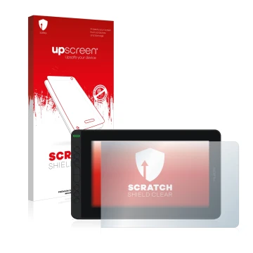 Vorderseite einer Produktverpackung mit dem Markenlogo upscreen. Daneben ist das Gerät Huion Kamvas 12 mit dem zugehörigen Dis