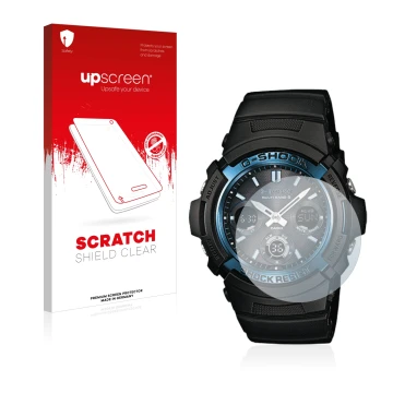 Vorderseite einer Produktverpackung mit dem Markenlogo upscreen. Daneben ist das Gerät Casio AWG M100 mit dem zugehörigen Disp