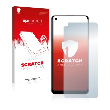Vorderseite einer Produktverpackung mit dem Markenlogo upscreen. Daneben ist das Gerät Oppo A96 mit dem zugehörigen Displaysch