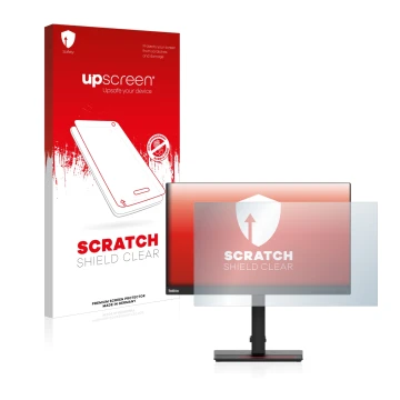Vorderseite einer Produktverpackung mit dem Markenlogo upscreen. Daneben ist das Gerät Lenovo ThinkVision T24i-2L mit dem zuge