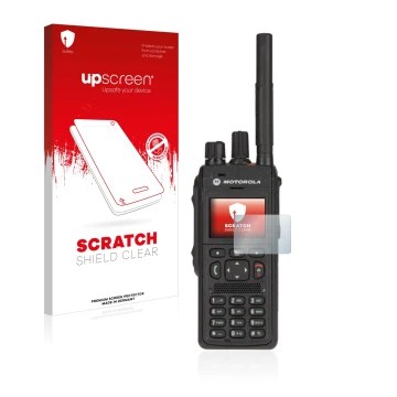 Vorderseite einer Produktverpackung mit dem Markenlogo upscreen. Daneben ist das Gerät Motorola MTP3550 mit dem zugehörigen Di