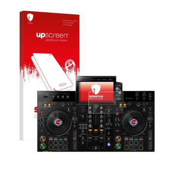 Vorderseite einer Produktverpackung mit dem Markenlogo upscreen. Daneben ist das Gerät Pioneer XDJ-RX3 mit dem zugehörigen Dis