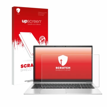 Vorderseite einer Produktverpackung mit dem Markenlogo upscreen. Daneben ist das Gerät HP EliteBook 850 G8 mit dem zugehörigen