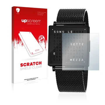 Vorderseite einer Produktverpackung mit dem Markenlogo upscreen. Daneben ist das Gerät Qlocktwo W35 mit dem zugehörigen Displa