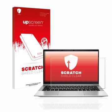 Vorderseite einer Produktverpackung mit dem Markenlogo upscreen. Daneben ist das Gerät HP EliteBook 830 G8 mit dem zugehörigen