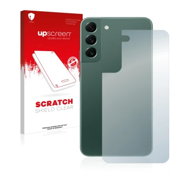 Vorderseite einer Produktverpackung mit dem Markenlogo upscreen. Daneben ist das Gerät Samsung Galaxy S22 Plus 5G (Rückseite) 