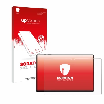 Vorderseite einer Produktverpackung mit dem Markenlogo upscreen. Daneben ist das Gerät Samsung Galaxy Tab S8 Ultra 5G mit dem 