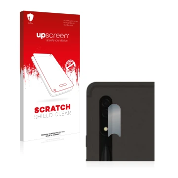 Vorderseite einer Produktverpackung mit dem Markenlogo upscreen. Daneben ist das Gerät Samsung Galaxy Tab S8 Ultra 5G (NUR Kam