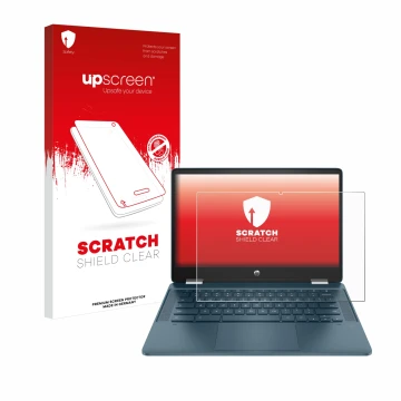 Vorderseite einer Produktverpackung mit dem Markenlogo upscreen. Daneben ist das Gerät HP Chromebook x360 (14b-cbX) mit dem zu