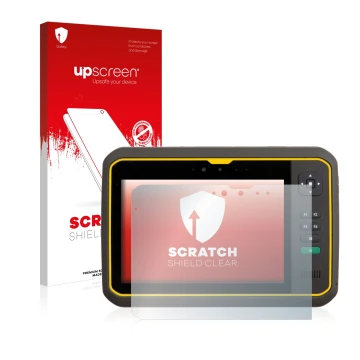 Vorderseite einer Produktverpackung mit dem Markenlogo upscreen. Daneben ist das Gerät Trimble T7 mit dem zugehörigen Displays