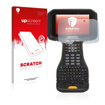 Vorderseite einer Produktverpackung mit dem Markenlogo upscreen. Daneben ist das Gerät Trimble TSC5 mit dem zugehörigen Displa