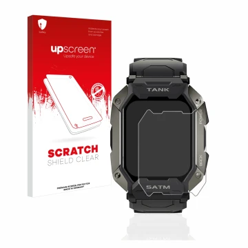 Vorderseite einer Produktverpackung mit dem Markenlogo upscreen. Daneben ist das Gerät Kospet Tank M1 mit dem zugehörigen Disp
