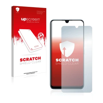 Vorderseite einer Produktverpackung mit dem Markenlogo upscreen. Daneben ist das Gerät Vivo V20 SE mit dem zugehörigen Display