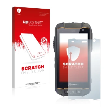Vorderseite einer Produktverpackung mit dem Markenlogo upscreen. Daneben ist das Gerät i.safe MOBILE IS530.2 mit dem zugehörig