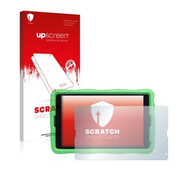 Vorderseite einer Produktverpackung mit dem Markenlogo upscreen. Daneben ist das Gerät MEDION Lifetab E10440 Kids mit dem zuge