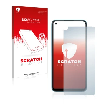 Vorderseite einer Produktverpackung mit dem Markenlogo upscreen. Daneben ist das Gerät Oppo A76 mit dem zugehörigen Displaysch