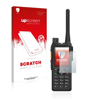 Vorderseite einer Produktverpackung mit dem Markenlogo upscreen. Daneben ist das Gerät Hytera HP785 mit dem zugehörigen Displa