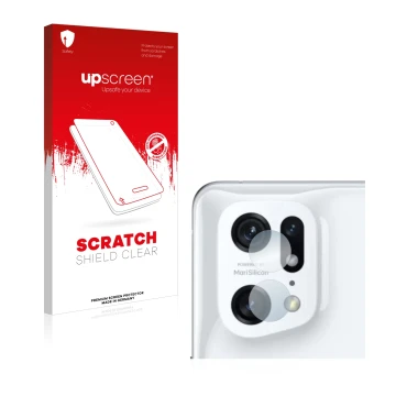 Vorderseite einer Produktverpackung mit dem Markenlogo upscreen. Daneben ist das Gerät Oppo Find X5 Pro (NUR Kameraschutz) mit