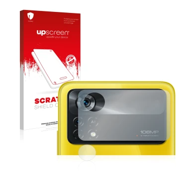 Vorderseite einer Produktverpackung mit dem Markenlogo upscreen. Daneben ist das Gerät Xiaomi Poco X4 Pro 5G (NUR Kameraschutz