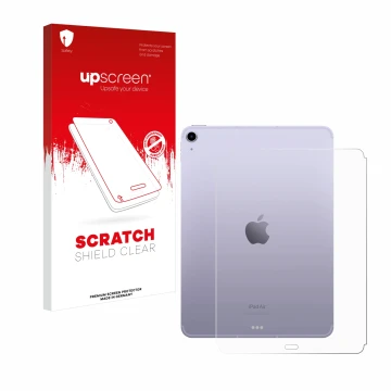 Vorderseite einer Produktverpackung mit dem Markenlogo upscreen. Daneben ist das Gerät Apple iPad Air 5 WiFi 2022 (Rückseite, 