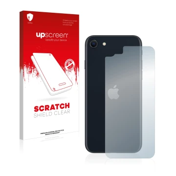 Vorderseite einer Produktverpackung mit dem Markenlogo upscreen. Daneben ist das Gerät Apple iPhone SE 3 2022 (Rückseite) mit 
