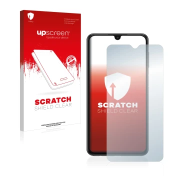 Vorderseite einer Produktverpackung mit dem Markenlogo upscreen. Daneben ist das Gerät Samsung Galaxy A23 mit dem zugehörigen 