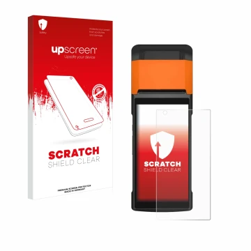 Vorderseite einer Produktverpackung mit dem Markenlogo upscreen. Daneben ist das Gerät Sunmi V2s mit dem zugehörigen Displaysc
