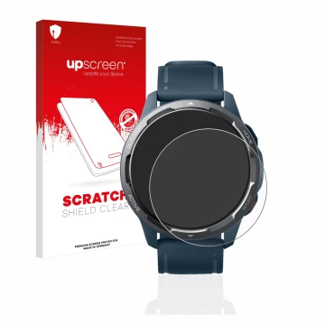 Vorderseite einer Produktverpackung mit dem Markenlogo upscreen. Daneben ist das Gerät Xiaomi Watch S1 Active mit dem zugehöri
