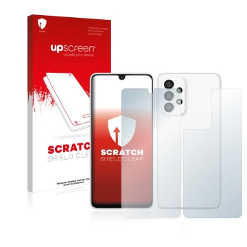Vorderseite einer Produktverpackung mit dem Markenlogo upscreen. Daneben ist das Gerät Samsung Galaxy A33 5G (Display+Rückseit