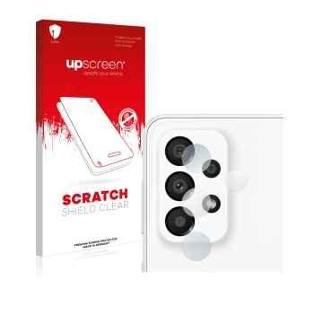 Vorderseite einer Produktverpackung mit dem Markenlogo upscreen. Daneben ist das Gerät Samsung Galaxy A33 5G (NUR Kameraschutz