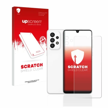 Vorderseite einer Produktverpackung mit dem Markenlogo upscreen. Daneben ist das Gerät Samsung Galaxy A33 5G (Display+Kamera) 