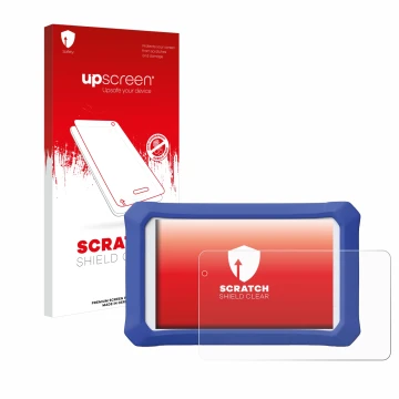 Vorderseite einer Produktverpackung mit dem Markenlogo upscreen. Daneben ist das Gerät Clementoni Clempad X Revolution mit dem