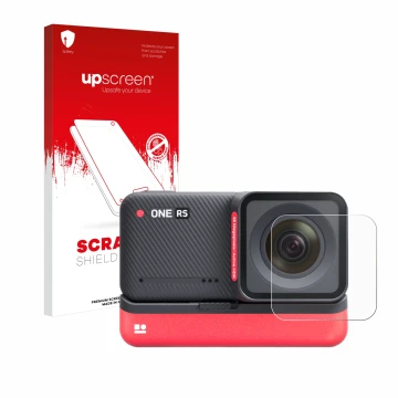 Vorderseite einer Produktverpackung mit dem Markenlogo upscreen. Daneben ist das Gerät Insta360 One RS 4K Edition (Linse) mit 