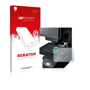 Vorderseite einer Produktverpackung mit dem Markenlogo upscreen. Daneben ist das Gerät Keyence IM-7030 Glasplatte mit dem zuge