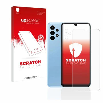 Vorderseite einer Produktverpackung mit dem Markenlogo upscreen. Daneben ist das Gerät Samsung Galaxy A13 (Display+Kamera) mit